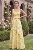 Yellow Flower Square Neck Long Bridesmaid Dress with Sash