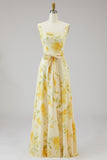 Yellow Flower Square Neck Long Bridesmaid Dress with Sash
