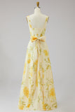 Yellow Flower Square Neck Long Bridesmaid Dress with Sash
