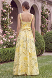 Yellow Flower Square Neck Long Bridesmaid Dress with Sash