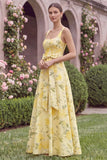 Yellow Flower Square Neck Long Bridesmaid Dress with Sash