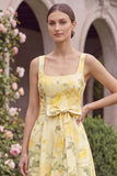 Yellow Flower Square Neck Long Bridesmaid Dress with Sash