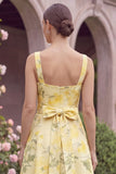 Yellow Flower Square Neck Long Bridesmaid Dress with Sash