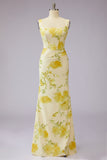 Mermaid Yellow Flower Square Neck Bridesmaid Dress