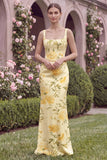 Mermaid Yellow Flower Square Neck Bridesmaid Dress