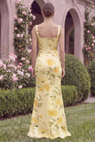 Mermaid Yellow Flower Square Neck Bridesmaid Dress