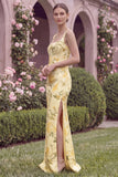 Mermaid Yellow Flower Square Neck Bridesmaid Dress