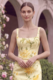 Mermaid Yellow Flower Square Neck Bridesmaid Dress