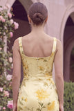 Mermaid Yellow Flower Square Neck Bridesmaid Dress