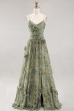Sage Flower Spaghetti Straps Wedding Guest Dress with Slit