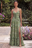 Sage Flower Spaghetti Straps Wedding Guest Dress with Slit