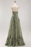 Sage Flower Spaghetti Straps Wedding Guest Dress with Slit
