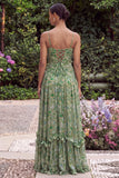Sage Flower Spaghetti Straps Wedding Guest Dress with Slit