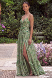 Sage Flower Spaghetti Straps Wedding Guest Dress with Slit