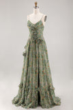 Sage Flower Spaghetti Straps Wedding Guest Dress with Slit