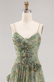 Sage Flower Spaghetti Straps Wedding Guest Dress with Slit