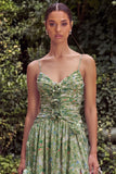 Sage Flower Spaghetti Straps Wedding Guest Dress with Slit