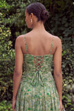 Sage Flower Spaghetti Straps Wedding Guest Dress with Slit