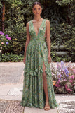 A Line V-Neck Sage Flower Wedding Guest Dress with Slit