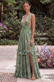 A Line V-Neck Sage Flower Wedding Guest Dress with Slit