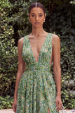 A Line V-Neck Sage Flower Wedding Guest Dress with Slit
