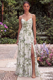 A Line Green Spaghetti Straps Wedding Guest Dress with Slit