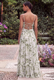 A Line Green Spaghetti Straps Wedding Guest Dress with Slit
