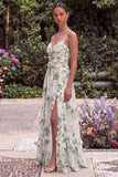 A Line Green Spaghetti Straps Wedding Guest Dress with Slit