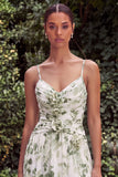 A Line Green Spaghetti Straps Wedding Guest Dress with Slit