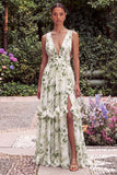 Green Floral V-Neck A Line Long Wedding Guest Dress with Slit