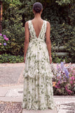 Green Floral V-Neck A Line Long Wedding Guest Dress with Slit