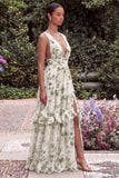 Green Floral V-Neck A Line Long Wedding Guest Dress with Slit