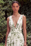 Green Floral V-Neck A Line Long Wedding Guest Dress with Slit