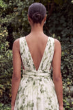 Green Floral V-Neck A Line Long Wedding Guest Dress with Slit