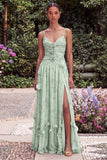 Sage A Line Spaghetti Straps Floral Wedding Guest Dress with 3D Flowers