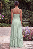 Sage A Line Spaghetti Straps Floral Wedding Guest Dress with 3D Flowers