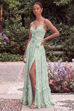 Sage A Line Spaghetti Straps Floral Wedding Guest Dress with 3D Flowers