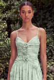Sage A Line Spaghetti Straps Floral Wedding Guest Dress with 3D Flowers
