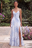 Light Blue Floral A Line Spaghetti Straps Wedding Guest Dress with Slit
