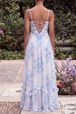 Light Blue Floral A Line Spaghetti Straps Wedding Guest Dress with Slit