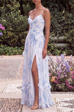 Light Blue Floral A Line Spaghetti Straps Wedding Guest Dress with Slit