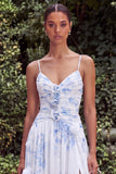 Light Blue Floral A Line Spaghetti Straps Wedding Guest Dress with Slit