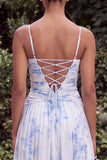 Light Blue Floral A Line Spaghetti Straps Wedding Guest Dress with Slit