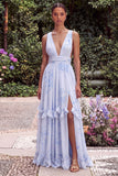 A Line Floral Light Blue V-Neck Wedding Guest Dress with Slit