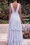 A Line Floral Light Blue V-Neck Wedding Guest Dress with Slit