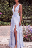 A Line Floral Light Blue V-Neck Wedding Guest Dress with Slit