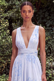 A Line Floral Light Blue V-Neck Wedding Guest Dress with Slit