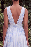 A Line Floral Light Blue V-Neck Wedding Guest Dress with Slit