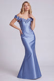 Blue Off the Shoulder Floral Mermaid Long Evening Dress