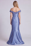Blue Off the Shoulder Floral Mermaid Long Evening Dress